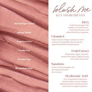 Blush Me shade card for blush 'blush Me' showing a close-up of a shimmery rose gold-pink blush on the left, with key ingredient callouts on the right.
