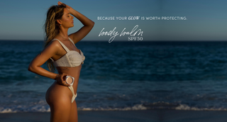 Dolce Glow Body Balm SPF 50 — Open product being applied, showcasing its enhancing formula by the beach - because your glow is worth protecting, body balm SPF50,  - Get the Glow.