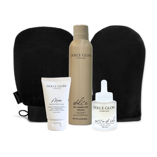 Dolce Glow Birthday Bundle includes 2 mitts, Mia Instant Body Lotion, Dolce Mist and Goccia di Sole serum on white background.