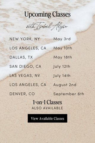
  
    Dolce Glow-Upcoming Classes with Isabel Alysa – Discover the full schedule of her upcoming sessions across multiple cities.
  
