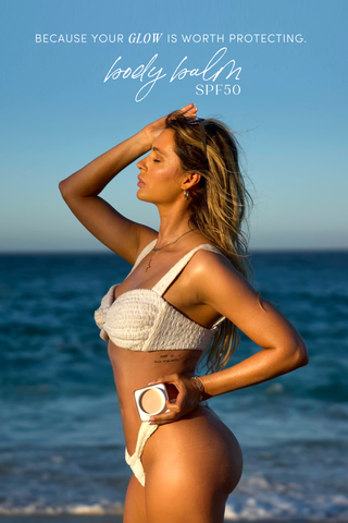 Dolce Glow Body Balm SPF 50 – promotional beach visual - Introducing the body balm SPF50, because your glow is worth protecting - Protect Your Glow.