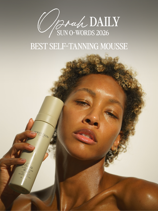 Dolce Glow named Oprah DAILY SUN O-WORDS 2026 BEST SELF-TANNING MOUSSE. Image of woman with curly hair holds Lusso self-tanning mousse.