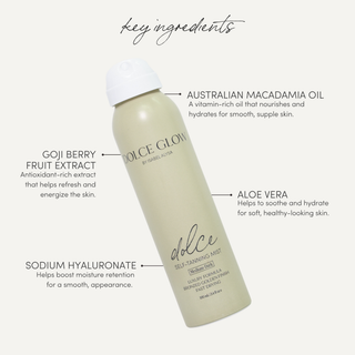 Dolce Glow self-tanning mist bottle with labeled key ingredients on a white background