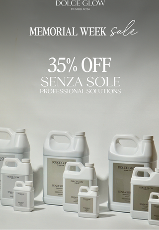 Dolce Glow professional solutions 9 bottles in various sizes with promotional text for Memorial Week sale 35% off Senza Sole on a light gray background.