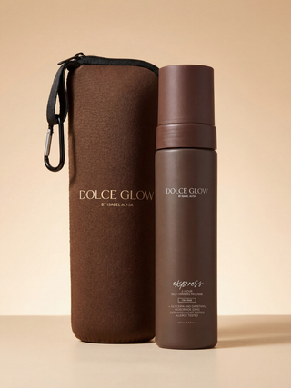 Brown bottle and carrying case with 'Dolce Glow' branding on a beige background