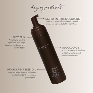 Dolce Glow Express Mousse product with labeled key ingredients on a beige background
