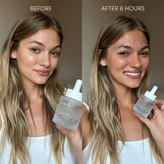 Before and after comparison of a woman holding Goccia di Sole tanning serum drops