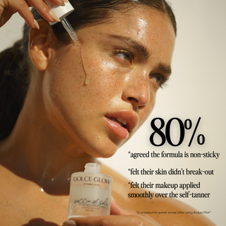 Woman applying a self-tanning serum holding a bottle  of Goccia di Sole on a white background with text 