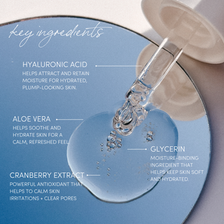 Goccia di Sole serum droplet dropping clear liquid onto a blue surface with text on key ingredients.