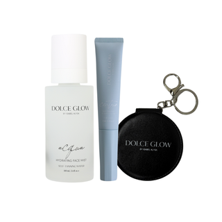 Dolce Glow skincare products including a Contour self-tanning wand, Acqua Hydrating self-tanning mist, and a compact mirror