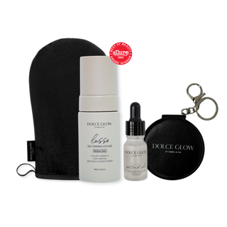 Holiday Gift Guide Bundle includes travel Lusso tanning mousse, application mitt, goccia di sole tanning drops and dolce glow compact mirror.