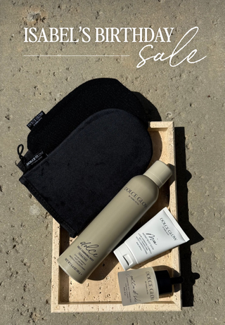Isabel's birthday sale tray with two black mitts, a Dolce mist can, a Mia body glow and a bottle of Goccia di Sole drops.