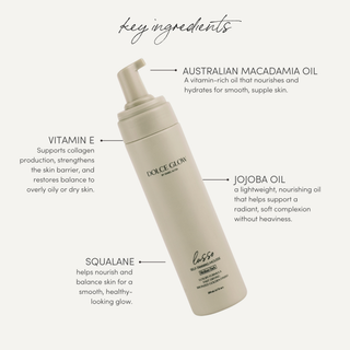 Dolce Glow Lusso mousse bottle with labeled key ingredients on a white background
