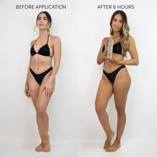 Before and after comparison of a woman applying a Lusso Mousse on her skin.
