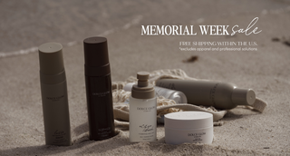 Dolce Glow Tanning products on sand with 'Memorial Week sale Free Shipping within the US. Excludes apparel and professional solutions.' text overlay