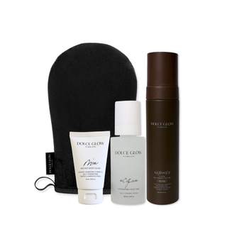 Dolce Glow Miami Glow for Home bundle includes Express Mousse, Acqua Hydrating face Mist, Travel Size Mia Instant Body Lotion and a black application mitt.