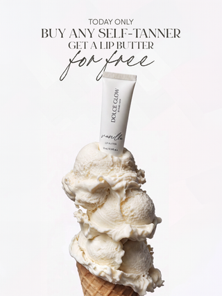 Dolce Glow Vanilla lip butter placed on top of a large scoop of vanilla ice cream in a cone, with text reading 'TODAY ONLY BUY ANY SELF-TANNER GET A LIP BUTTER for free' on a white background.