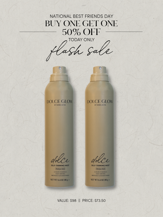Two Dolce Glow self-tanning mists on a textured beige background with promotional text 