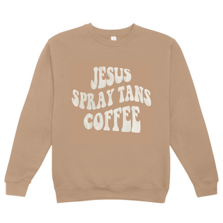 
  
    Pink sweater with the phrase 'Jesus Spray Tans Coffee' in white on the front.
  
