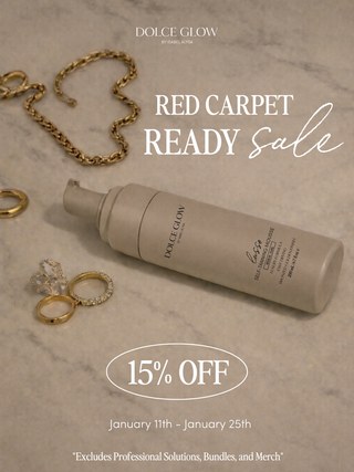 Dolce Glow Lusso mousse bottle with jewelry on a marble surface, featuring a 'Red Carpet Ready Sale' promotion.