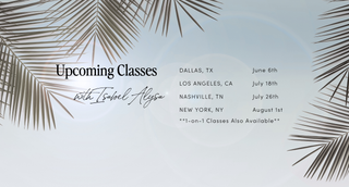 Promotional graphic for upcoming spray tanning classes with palm leaf designs on a light blue background.  Classes in Los Angeles, Dallas, Nashville and New York. 1on1 classes also available