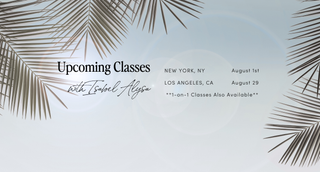 Promotional graphic for upcoming spray tanning classes with palm leaf designs on a light blue background.  Classes in Los Angeles and New York. 1on1 classes also available