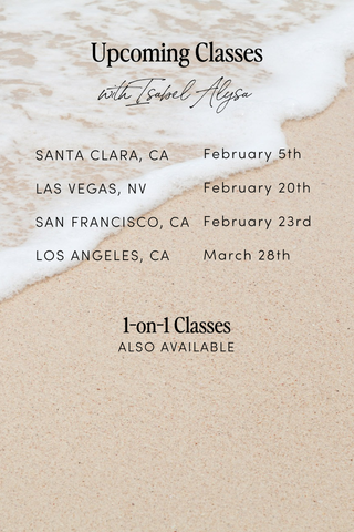 Advertisement for upcoming classes with locations and dates on a beach background- Santa Clara 2/5/26, Las Vegas 2/20/26, San Francisco 2/23/26, Los Angeles 3/28/26