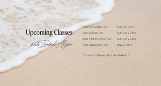 Advertisement for upcoming classes with locations and dates on a beach background- Santa Clara 2/5/26, Las Vegas 2/20/26, San Francisco 2/23/26, Los Angeles 3/28/26