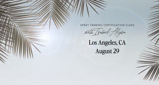Spray tanning certification class with Isabel Alysa in Los Angeles, California on August 29. palm leaf designs on a light blue background.
