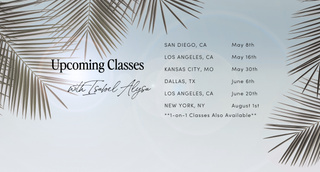 Promotional graphic for upcoming spray tanning classes with palm leaf designs on a light background. San Diego, Los Angeles, Kansas City, Dallas, New York. 1on1 classes also available