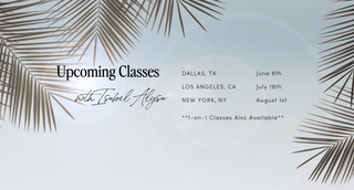 Promotional graphic for upcoming spray tanning classes with palm leaf designs on a light background.  Classes in Los Angeles, Dallas, New York. 1on1 classes also available