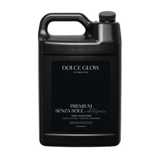 Black 1 gallon bottle of Dolce Glow Premium Senza Sole Spray Tan Solution Violet Express, white background.