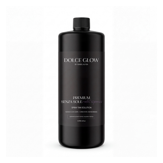 Black 1 liter bottle of Dolce Glow Premium Senza Sole Spray Tan Solution Violet Express, white background.