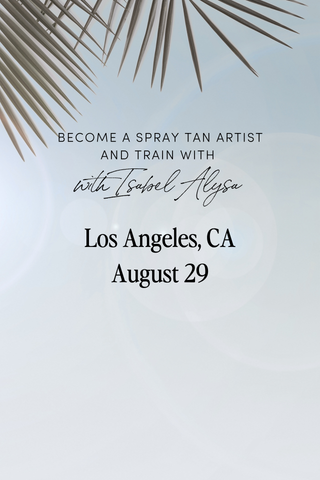 Become a spray tan artist and train with Isabel Alysa in Los Angeles, California on August 29. palm leaf designs on a light blue background.