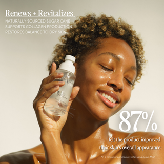 Woman applying a Acqua face mist with text about product benefits and consumer feedback 